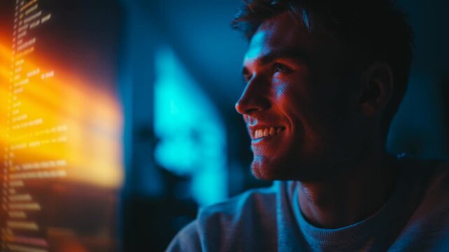 Young man interacting with futuristic interface using AI tools