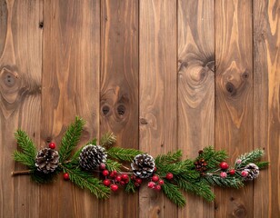 Christmas Garland on Rustic Wood Background for Festive Decor.