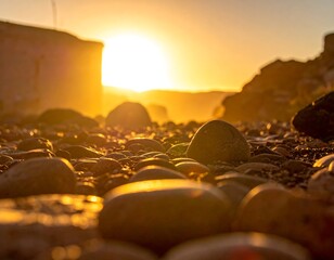 Golden Hour on a Rocky Beach - A Serene Coastal Sunset.