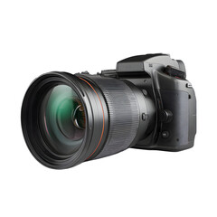 Modern digital slr camera with large lens isolated on transparent background