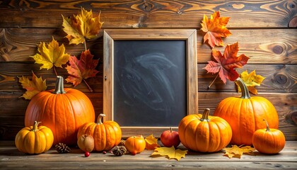 Autumn Harvest Display with Pumpkins and Chalkboard for Message.