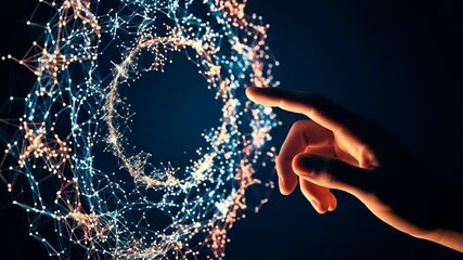 A hand reaching towards a glowing digital interface with abstract patterns - Powered by Adobe