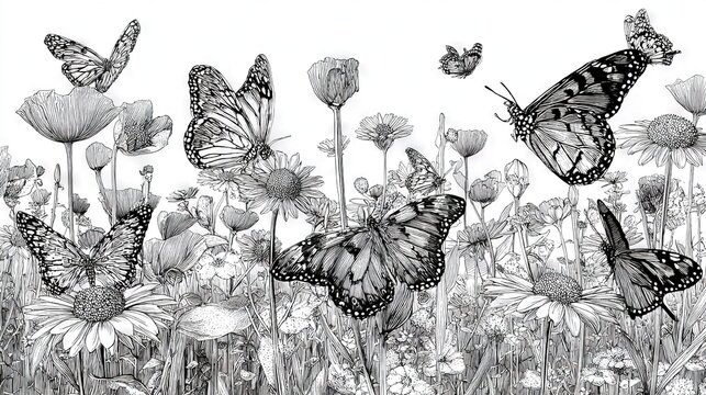   A monochrome illustration portrays an expansive floral meadow dotted with numerous fluttering butterflies