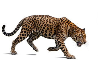 Fototapeta premium A powerful image of a fierce predator captured mid-movement, isolated dramatically on a pure, stark white background creating high contrast ,untamed ,contrast ,nature