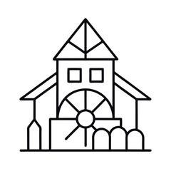 Watermill Outline Vector Illustration | Vintage Machinery Line Art Vector