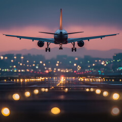 Modern airliner coming in for a landing at twilight
