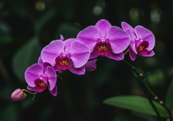 Naklejka premium Beautiful vibrant pink orchids blooming in a tropical setting showcasing delicate petals and striking natural color, pastel, vibrant, stunning