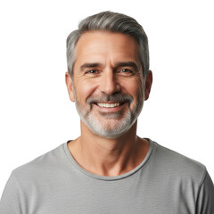 Fototapeta premium Smiling mature man with salt and pepper hair and beard wearing a gray t shirt isolated on transparent background