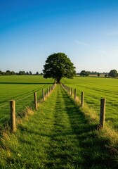 Peaceful vista capturing vibrant green agricultural fields bordered by mature trees and ancient fences during a warm summer afternoon ,landscape ,grass ,meadow