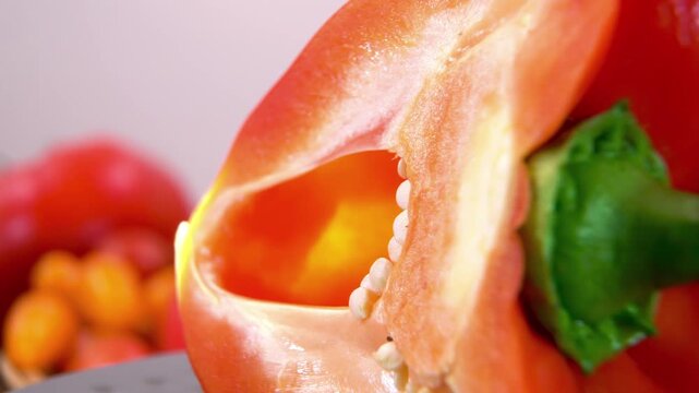 Sweet pepper (Capsicum annuum) in macro section: detailed texture of fresh vegetable seeds