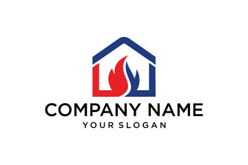House Flame Logo Design Home Heating Cooling Energy Service Company Icon