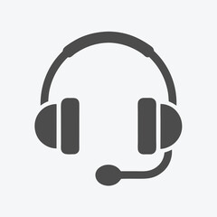 The solid gray headphone icon features a microphone, headband, and earpieces on plain background