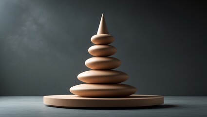 Zen stone stack balanced on a wooden disc against a dark textured background symbolizing peace and harmony