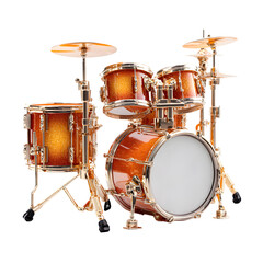 Acoustic drum kit with shiny chrome hardware and warm wood finish isolated on transparent background