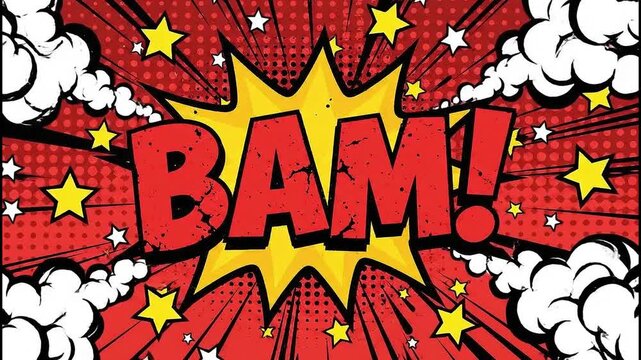 Red bam comic book explosion with yellow starburst and halftone background graphic illustration