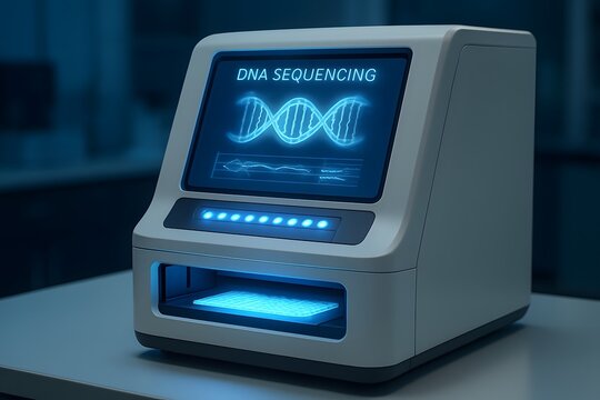 Dna sequencing machine in a laboratory with a glowing dna helix on the screen for genetic research