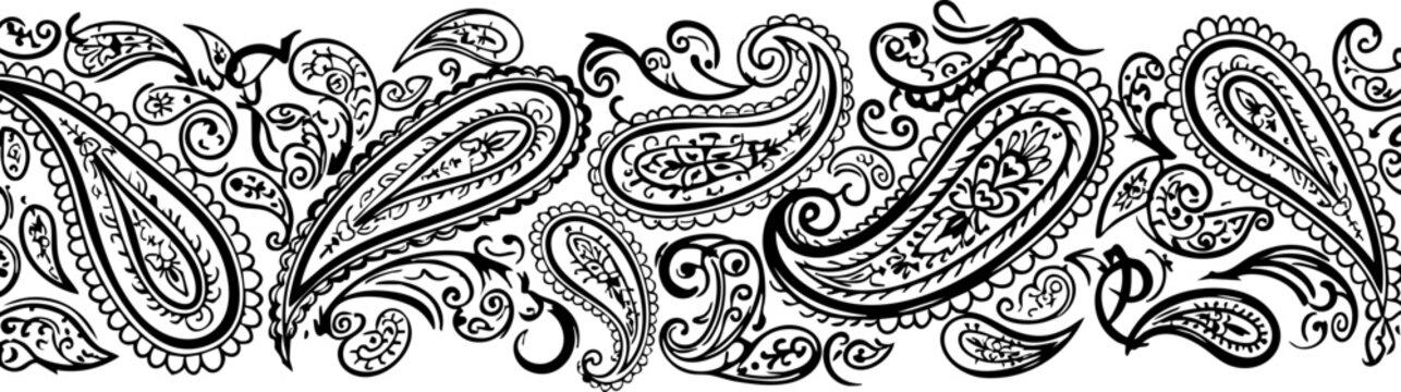 Intricate black and white paisley border design evokes timeless elegance and exotic allure, perfect for decorative accents and textile patterns.
