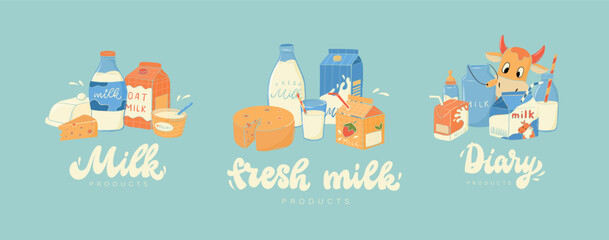 Dairy products decorated with lettering quotes for products' packaging, banners, signs, logos, prints, postrers, stickers, etc. EPS 10