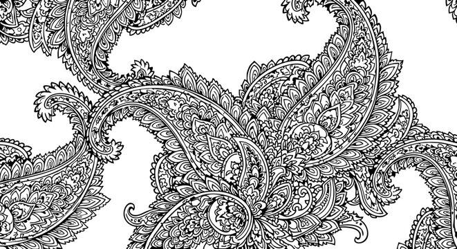 Intricate black and white paisley pattern seamless design evokes timeless elegance and classic style for decorative applications