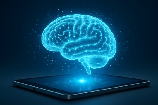 Digital brain hologram hovering over a tablet, symbolizing artificial intelligence, machine learning, and future technology - Powered by Adobe