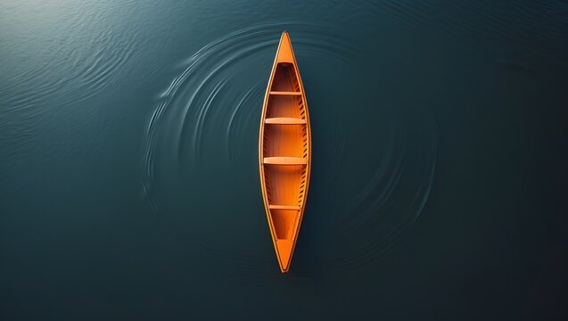 Aerial view of a person paddling an orange canoe across a calm dark blue lake