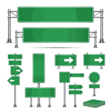 Collection of blank green road signs and highway gantries.