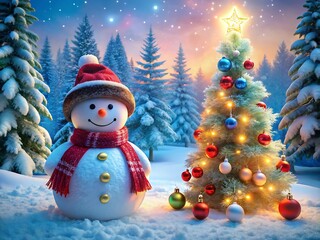Obraz premium Festive christmas scene with snowman and decorated tree in a snowy winter wonderland