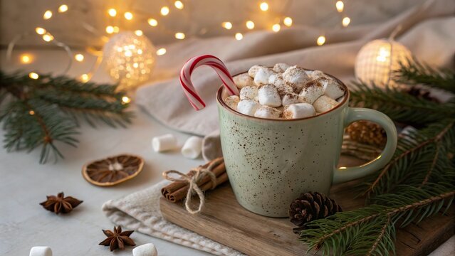 Festive Mug of Hot Cocoa with Marshmallows and Candy Cane - Powered by Adobe