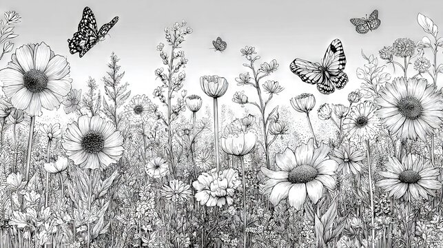 Fototapeta   Drawing of a field of wildflowers with colorful butterflies overhead