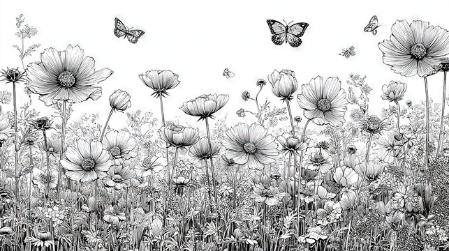 Fototapeta   A monochromatic depiction of a field of blooms with a butterfly hovering above the floral array in the background