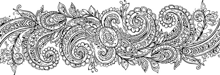 Exquisite paisley floral border design with intricate swirling patterns and delicate leaf details, perfect for elegant invitations and luxurious branding