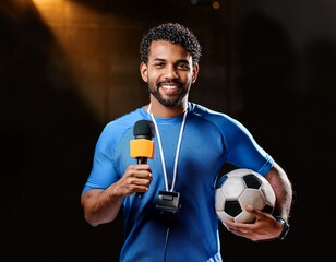 Smiling Soccer Reporter Ready to Deliver News with Microphone and Ball in Hand, Against Dark Backdrop