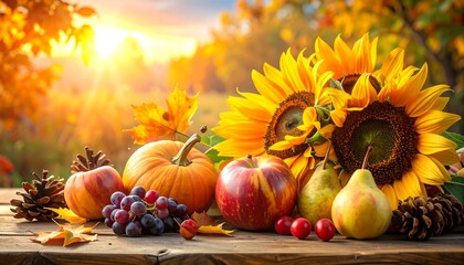 Autumns Bounty - A Harvest of Sunflowers, Pumpkins, and Fruits.