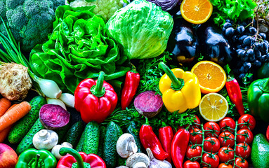 Fresh raw vegetables and fruits. Ingredients of vegan diet