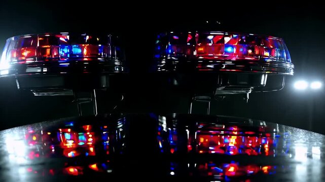 Dynamic 4K looped footage red blue police beacon lights flashing darkness optical flares reflections creating cinematic tension emergency signal realism