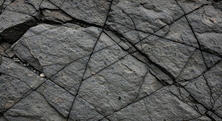 Detailed texture of an ancient igneous rock formation, highlighting sharp fractures and mineral inclusions in a gray matrix, abstract, lava, fracture