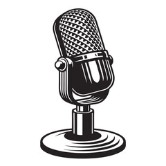 Monochrome retro microphone stands with radiating star elements on a plain white backdrop