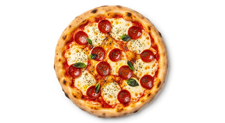 Savor this mouthwatering pepperoni pizza, featuring gooey mozzarella, zesty tomato sauce, and fresh basil, perfect for culinary delight.