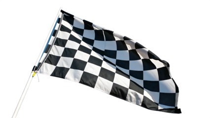 Vibrant black and white checkered flag fluttering in the wind. Cut out on PNG. AI GENERATED.