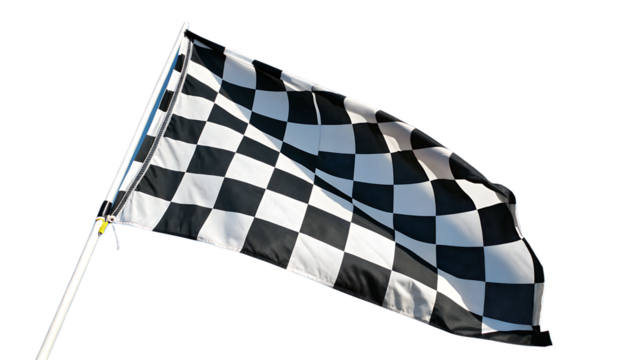 Vibrant black and white checkered flag fluttering in the wind. Cut out on PNG. AI GENERATED. - Powered by Adobe