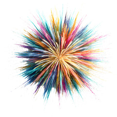 Explosion of vibrant colorful powder particles radiating outwards from a central point isolated on transparent background