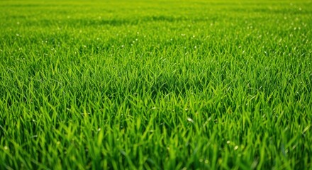 Obraz premium Vibrant, lush green meadow captured during bright daytime hours. Nature background showcasing fresh growth and fine texture, clear, idyllic, texture