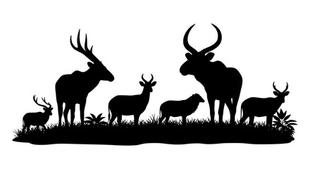 Silhouette of deer, elk, sheep, and other horned animals standing on grass.