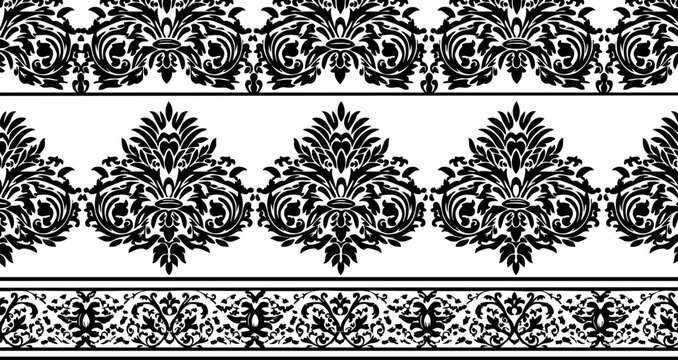 Elegant black and white ornamental borders with intricate damask patterns, perfect for luxury design and sophisticated branding applications.