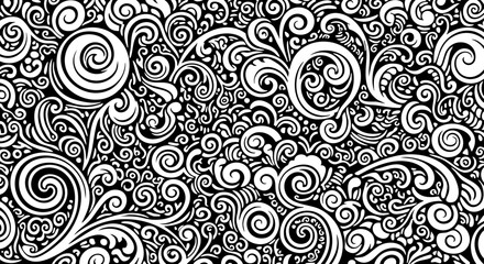 Intricate black and white swirling organic floral pattern with vintage baroque elegance and modern artistic flair creating a captivating decorative background.