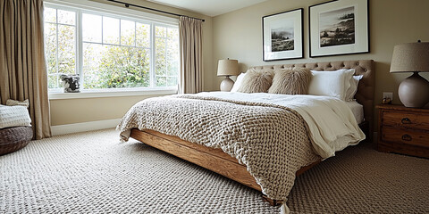 Cozy bedroom with plush carpet and natural light Generative AI