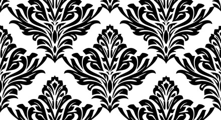 Elegant black damask floral pattern design, classic ornamental motif, sophisticated vintage wallpaper, ornate decorative textile, timeless baroque elegance