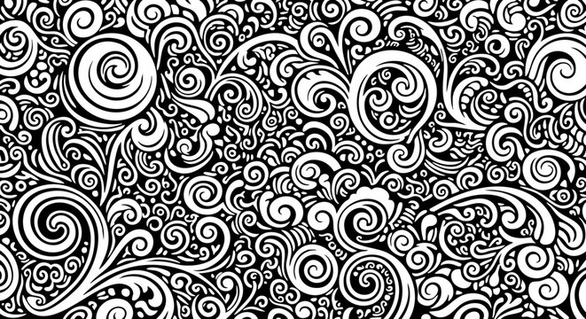 Intricate black and white swirling organic floral pattern with vintage baroque elegance and modern artistic flair creating a captivating decorative background.