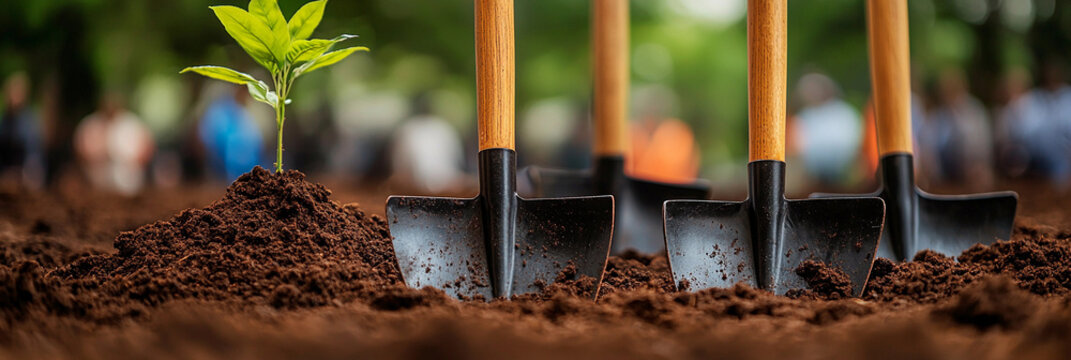 Row of shovels ready for planting in community garden Generative AI
