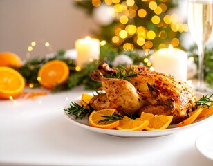 Festive Christmas Dinner - Roasted Chicken with Orange Slices.